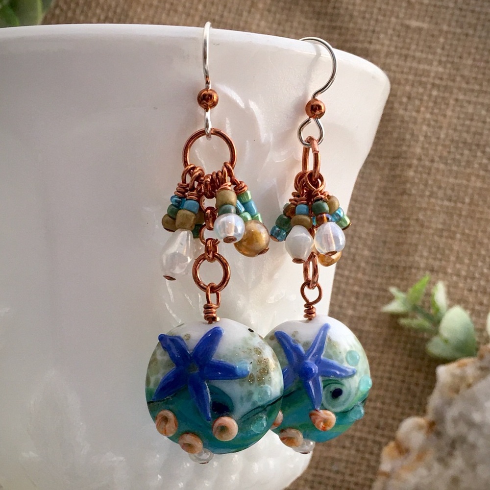 Beach lamp work copper bead dangle earrings